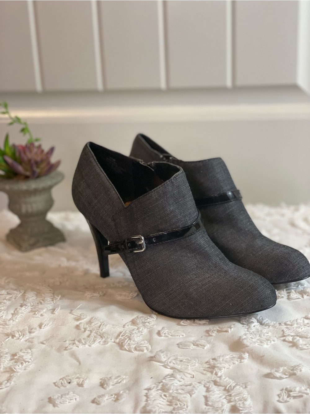 Women's Gray Heeled Sleek Ankle Booties with Buckle Strap